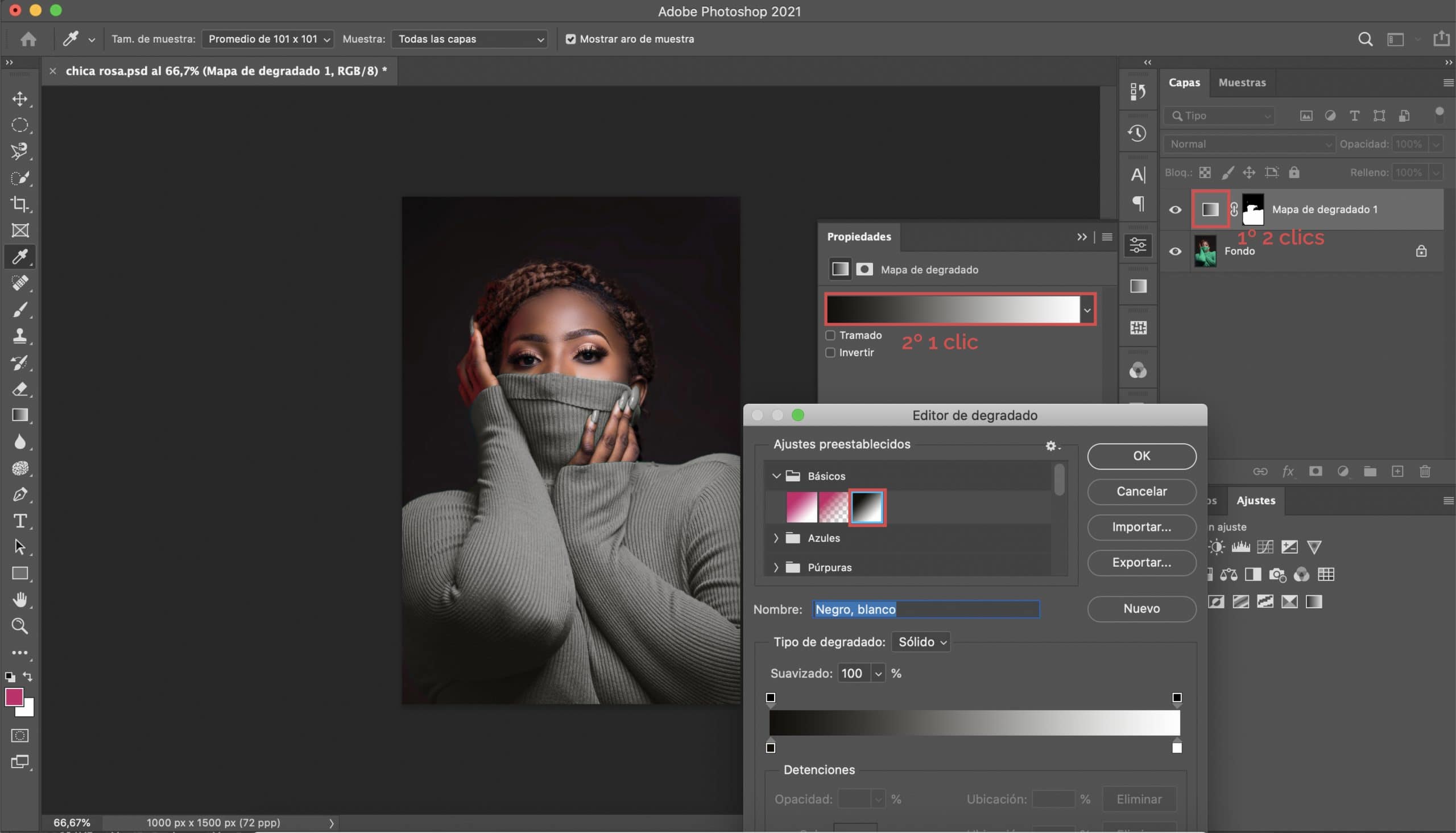 Apply basic black to white gradient to change color in Photoshop