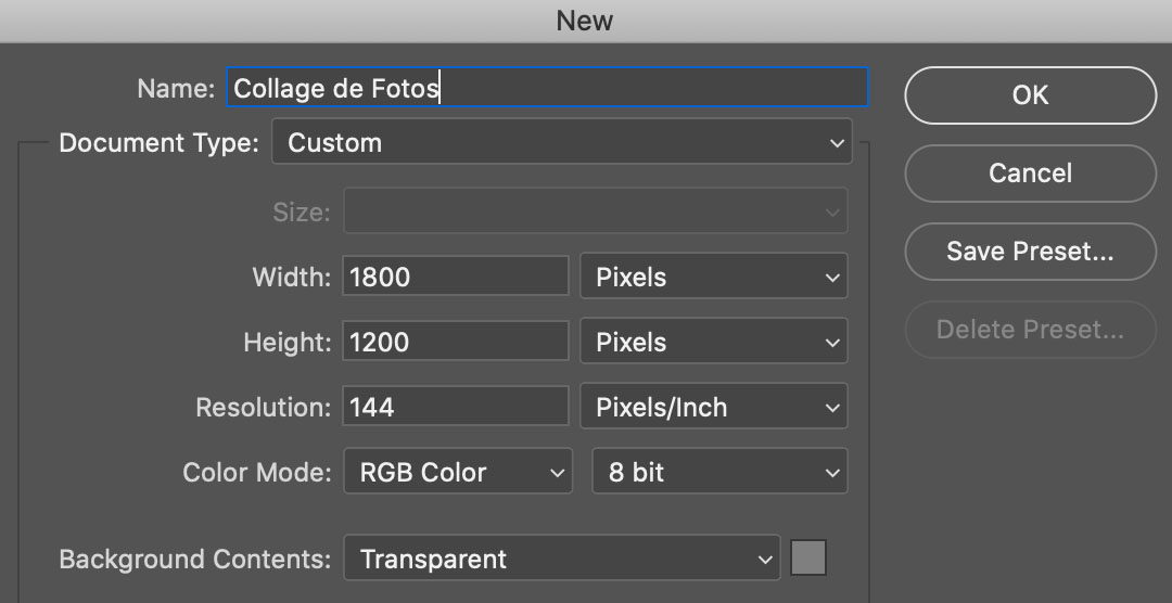 New file to make photo collage in Photoshop