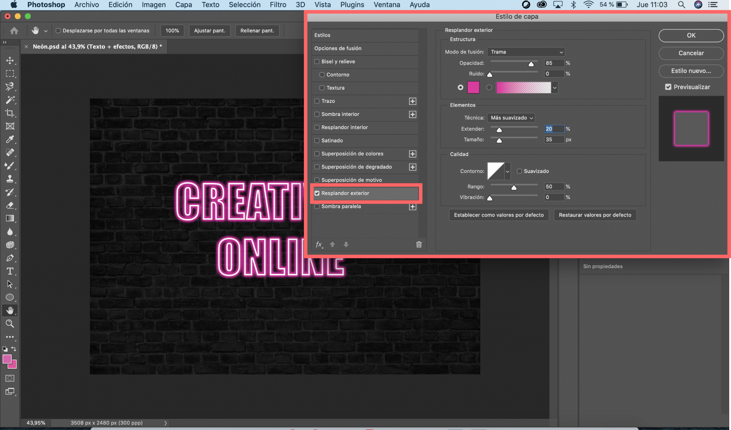 Neon Tutorial Apply the outer glow effect to the text