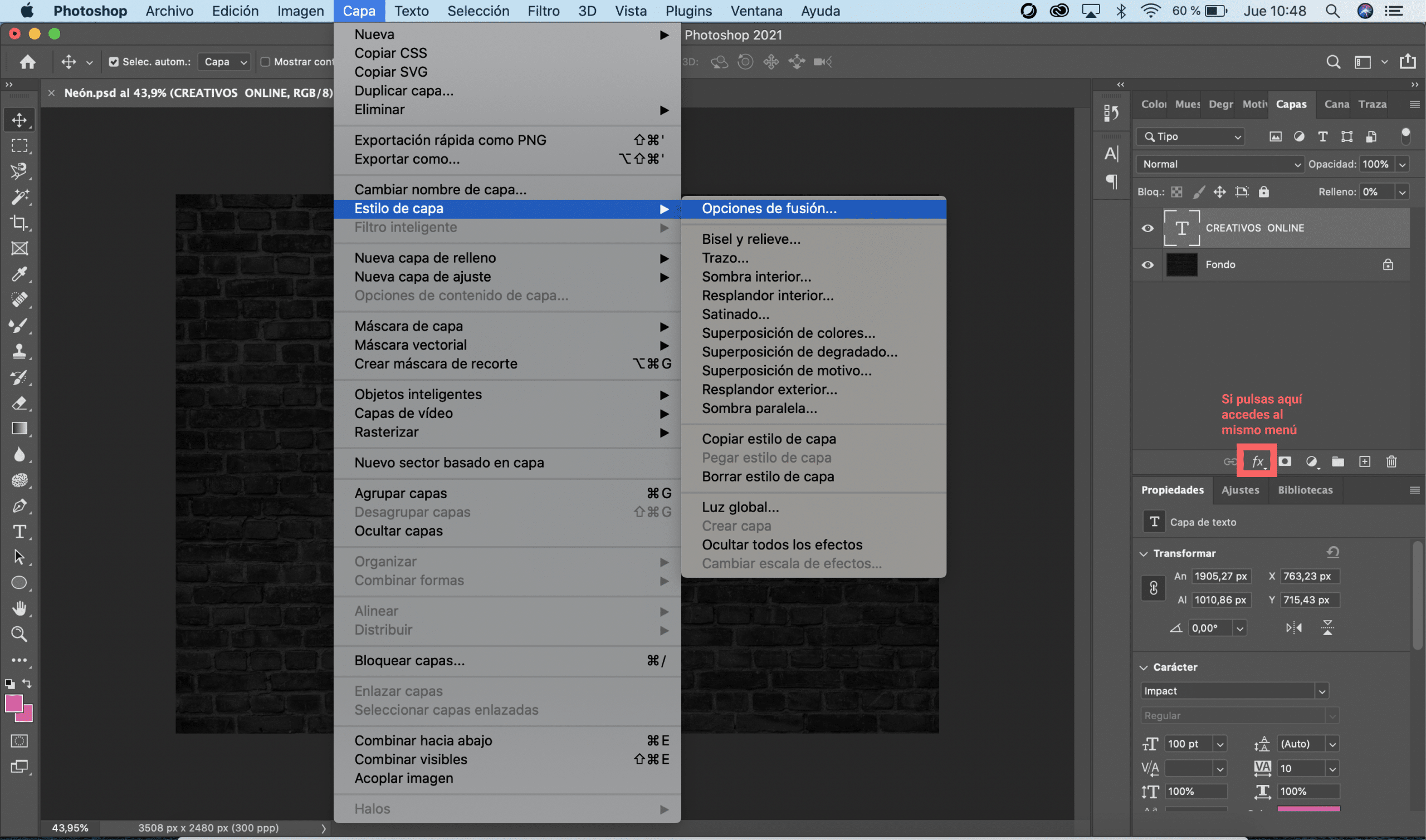 Neon tutorial how to display the blending options menu