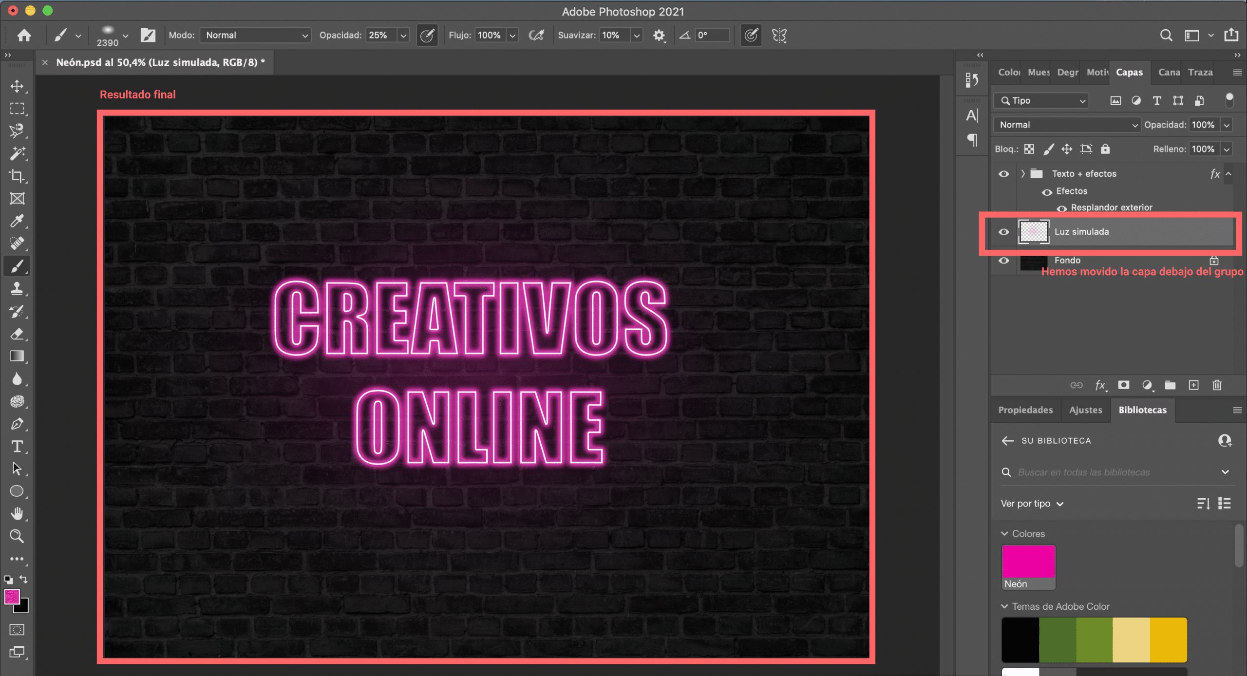 Neon tutorial, we move the layer below the group and we get the final result