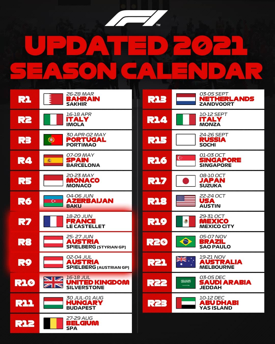 2021 F1 Grand Prix calendar