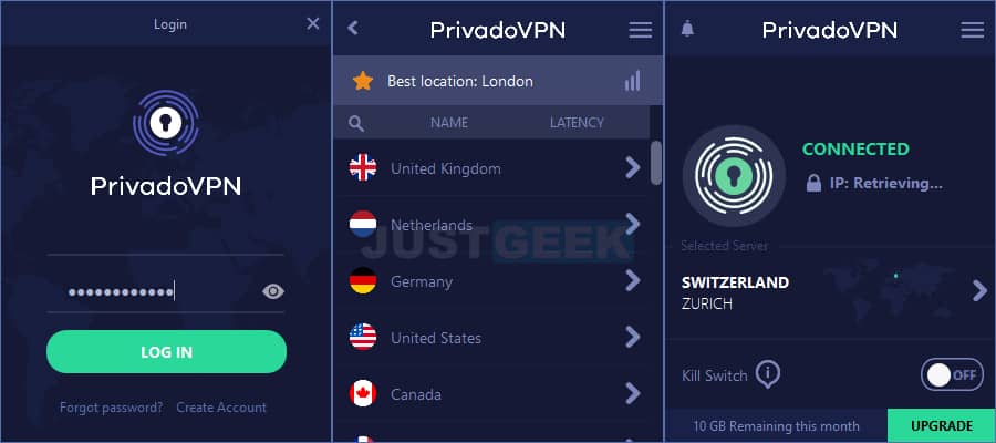 PrivadoVPN: free VPN interface